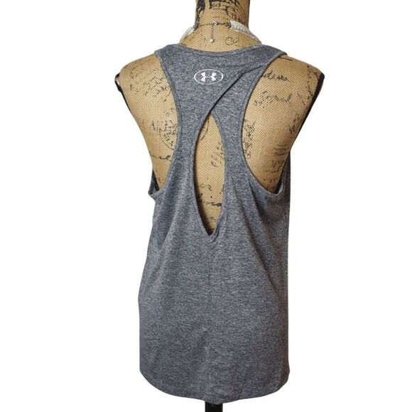 Under Armour Womens Racerback Tank LG Gray Heathered HeatGear Keyhole Loose Fit - Picture 5 of 7